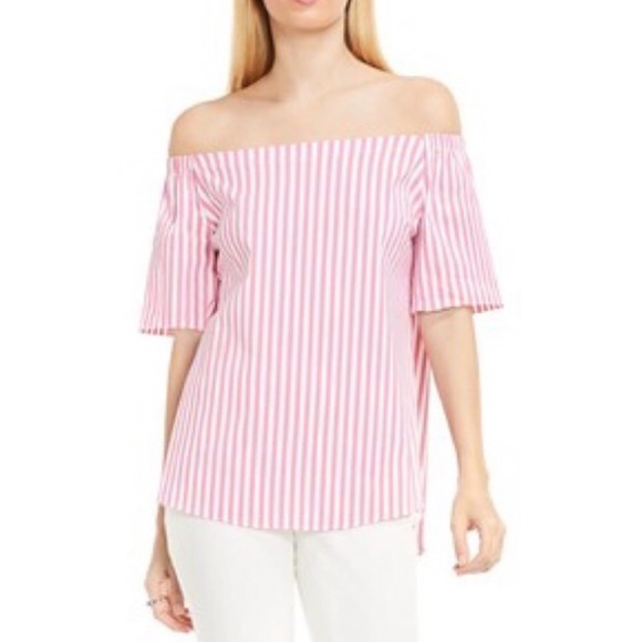 J.Crew Factory | Pink Striped Linen Off Shoulder - Picture 2 of 3